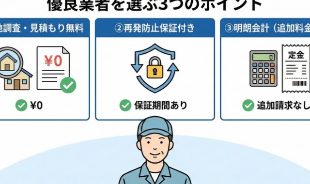 新潟で優良な害獣駆除業者を選ぶ3つのポイント（現地調査無料、再発防止保証、明朗会計）を解説した図解イラスト
