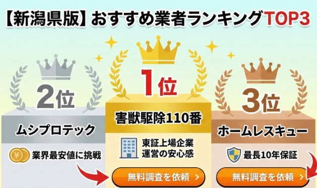 新潟県版害獣駆除業者おすすめランキングTOP3の比較図。1位害獣駆除110番、2位ムシプロテック、3位ホームレスキューの順位表