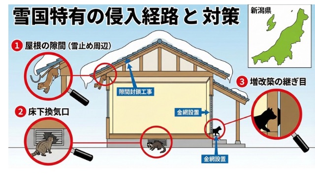 雪国新潟特有の害獣侵入経路と対策の図解。屋根の雪止め周辺の隙間、床下換気口、増改築の継ぎ目からの侵入ルート