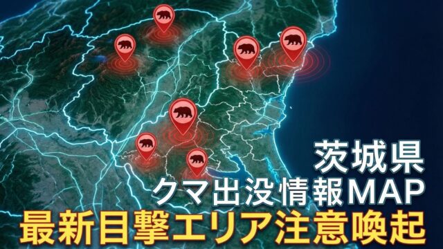 alt=茨城県の地図上にクマの最新出没エリアと目撃情報を表示したWebGISデジタルマップのアイキャッチ画像。注意喚起の赤いピンが複数立っている。