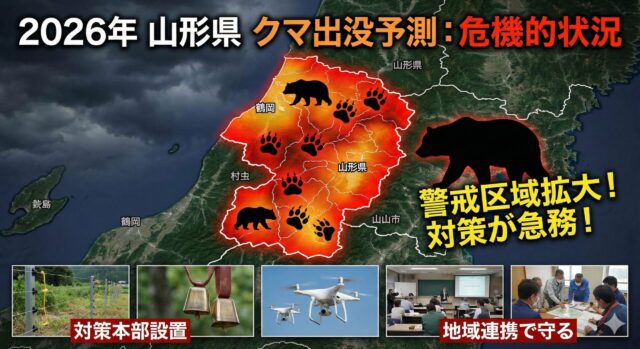 2026年 山形県 熊出没予測マップと警戒エリアを示すインフォグラフィック