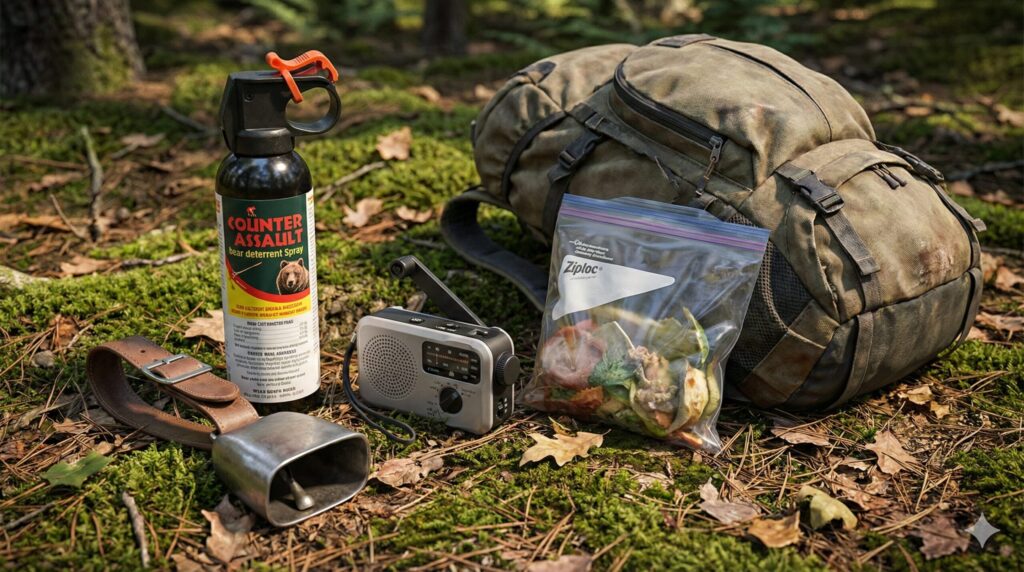 岩手での熊対策に必須の熊撃退スプレー、熊鈴、ラジオなどの装備一式