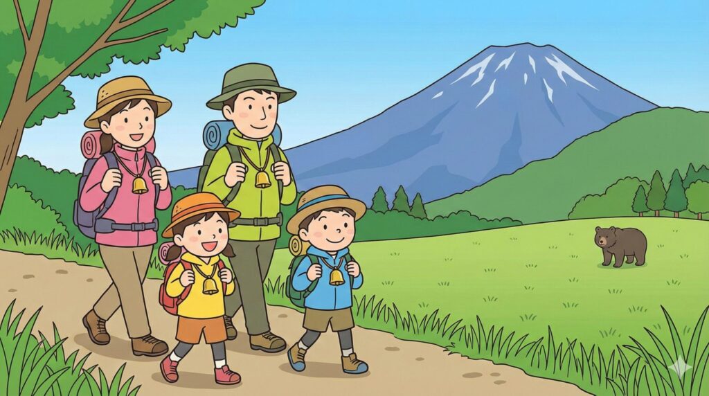 正しい熊対策をして岩手の自然を安全に楽しむ家族のイラスト