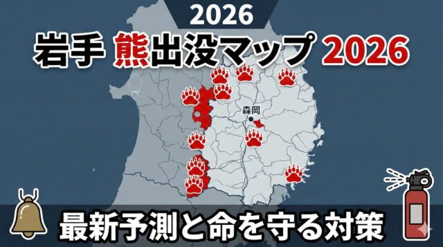 2026年岩手県熊出没予測マップと安全対策グッズのインフォグラフィック