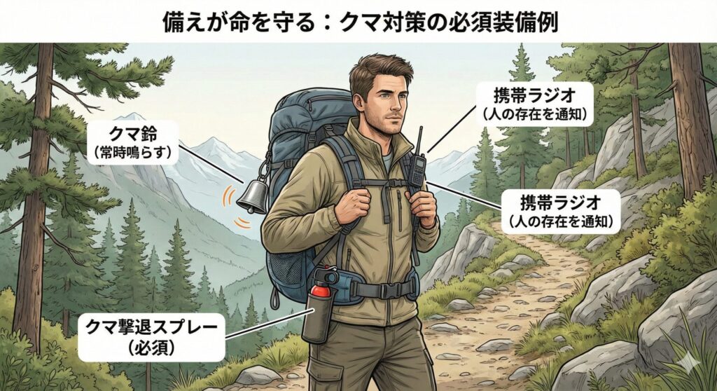 宮城県での熊対策:熊撃退スプレーと熊鈴、ラジオを装備して山道を歩くハイカーのイラスト