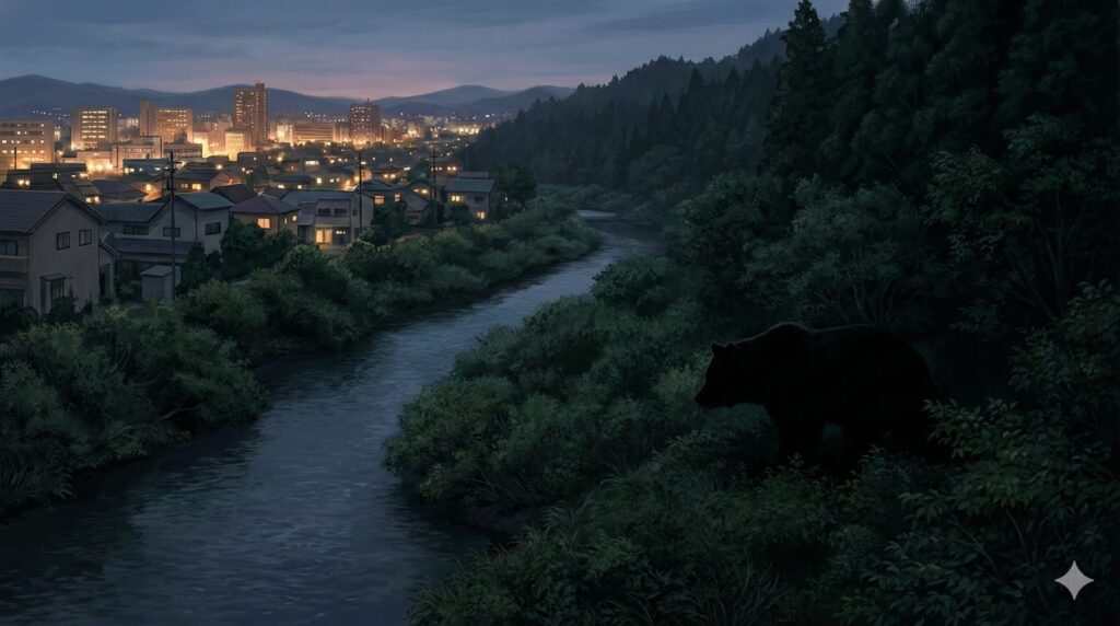 青森県の市街地と山林の境界、河川敷に潜むアーバンベアのシルエット