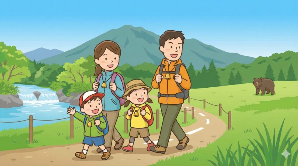 正しい熊対策をして青森の自然を安全に楽しむ家族のイラスト