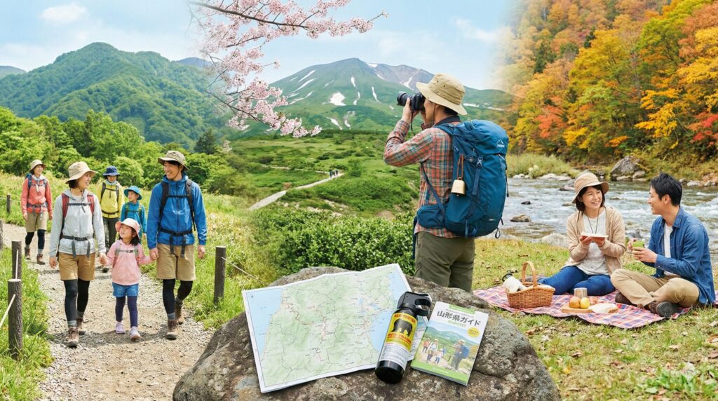 正しい熊対策をして山形の自然を安全に楽しむ家族のイラスト