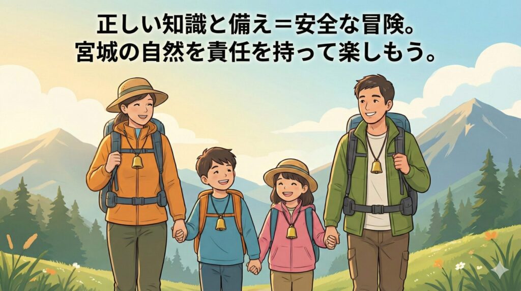 正しい知識と熊対策で宮城の自然を安全に楽しむ家族、明るい未来を示すイラスト