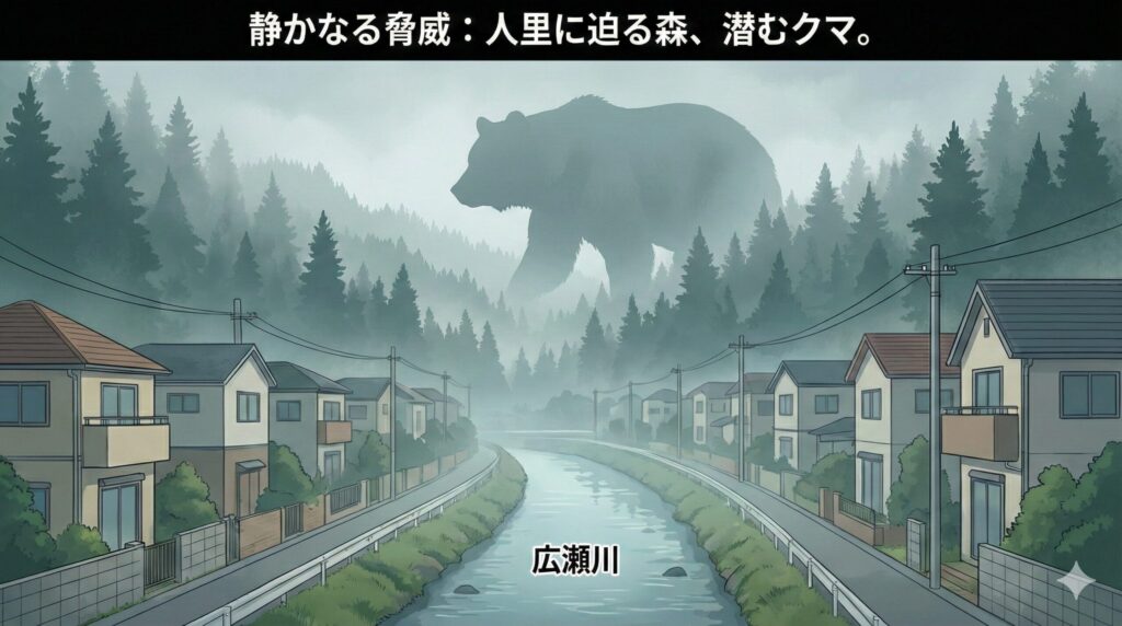 仙台市内の住宅街と広瀬川沿いの山林の境界に潜む熊のシルエット、都市近郊の潜在的危険を示すイラスト
