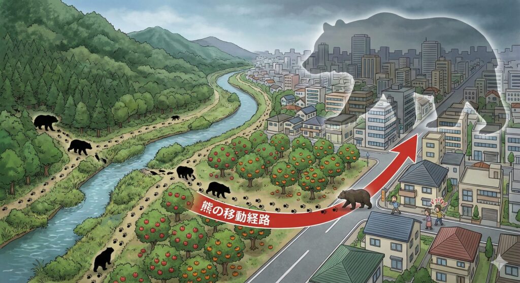 山形市の市街地と山林の境界、河川敷や果樹園を移動するアーバンベアのイラスト
