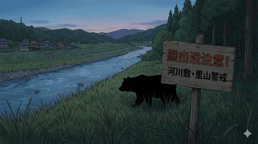 福島県の里山や河川敷など、人里近くの危険な場所に潜む熊のシルエットと注意看板