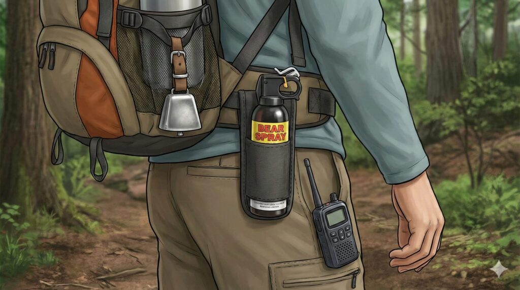 福島での熊対策として、熊撃退スプレーを腰に装着し、熊鈴とラジオを装備したハイカーの様子