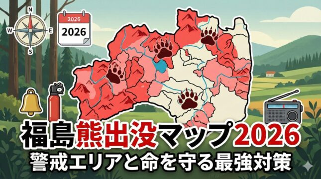 2026年福島県熊出没予測マップと警戒エリア、安全対策グッズを示すインフォグラフィック