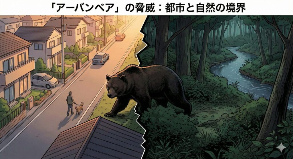 秋田市の住宅街と隣接する山林・河川敷に潜むアーバンベアのイラスト