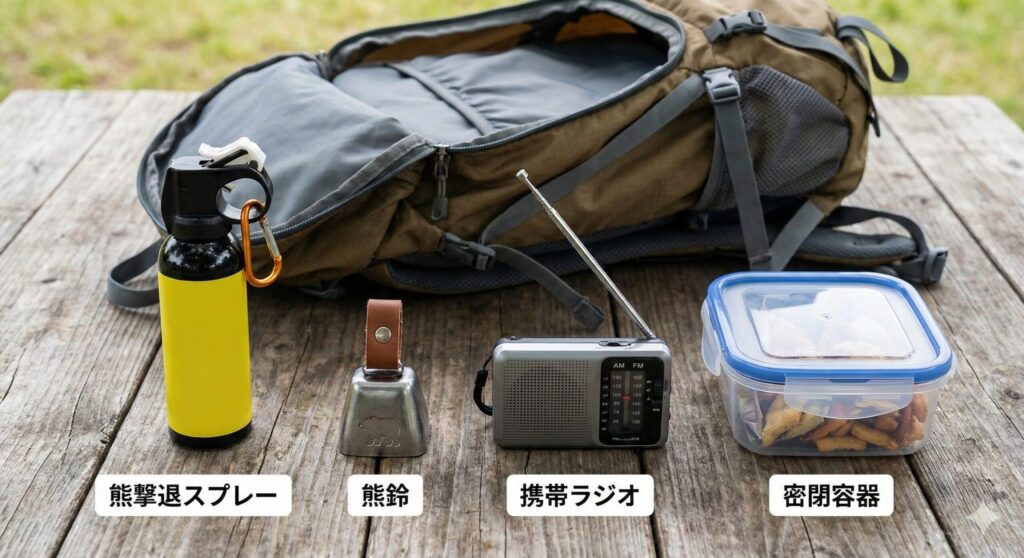 秋田での熊対策に必須の熊撃退スプレー、熊鈴、ラジオ、密閉容器などの装備