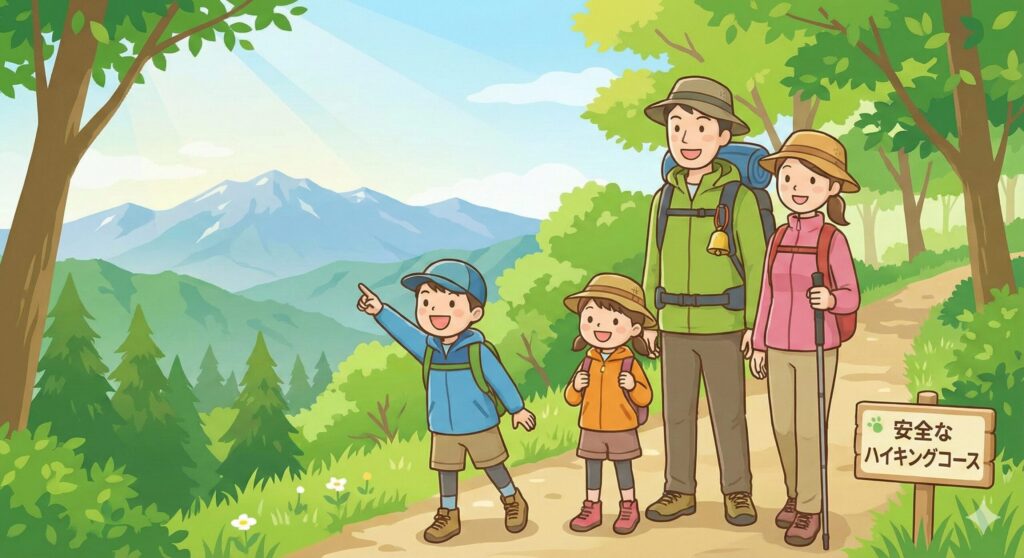 正しい熊対策をして秋田の自然を安全に楽しむ家族連れのハイカーのイラスト