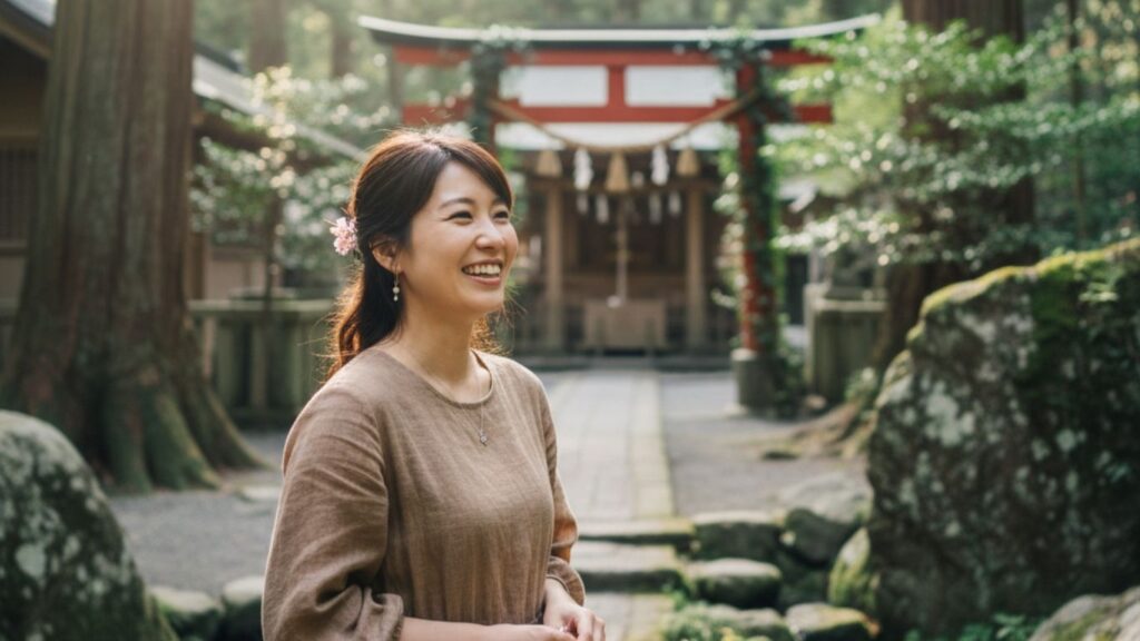 日本人の女性がパワースポット神社を参拝して幸せオーラが漂い笑顔が素敵な様子の画像