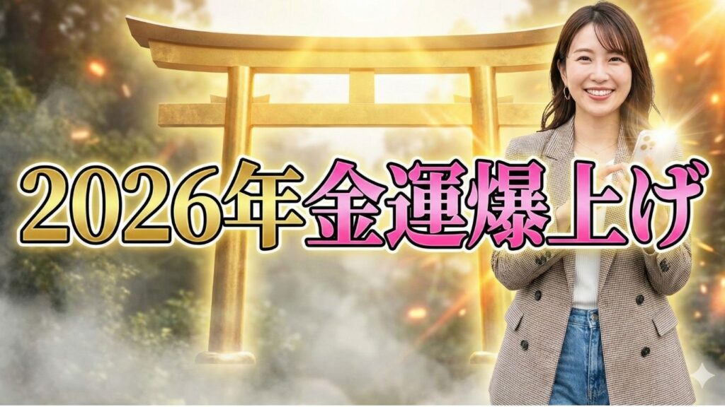 2026年の金運が上がるパワースポット神社を紹介する画像。女性がモデル。