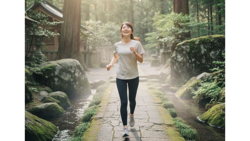 モデルは日本人女性。フットワークが軽くジョギングで動いている様子。心が軽くなって幸せな感じを表現した画像。