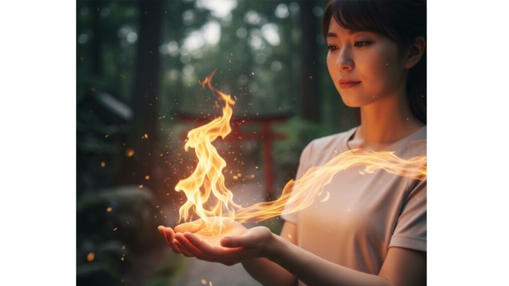 女性の手で火を良い方向に運べる画像。女性の手のアップ画像で神秘的な感じ。
