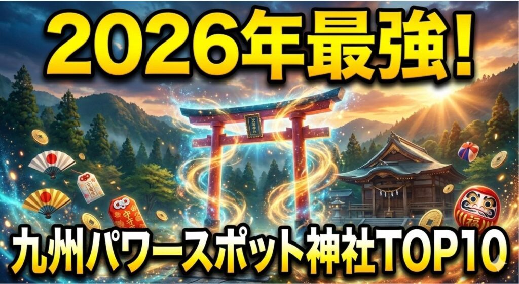 ゲッターズ飯田推薦2026年九州パワースポット神社ランキングTOP10、神秘的な鳥居と金色のオーラに包まれた開運イメージ