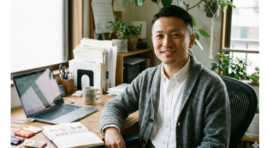 38歳の日本人男性、清水慶。親しみやすい笑顔、清潔感のあるショートヘア。服装はシンプルな白シャツにグレーのカーディガンといったオフィスカジュアル。背景には使い込まれたMacBookと、御朱印帳、そしてお守りがデスクに置かれている自然な日常の風景。信頼できる兄貴肌な雰囲気。)