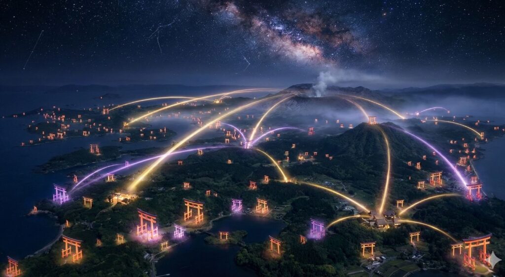 ゲッターズ飯田推薦2026年九州パワースポット神社ランキングTOP10、神秘的な鳥居と金色のオーラに包まれた開運イメージ