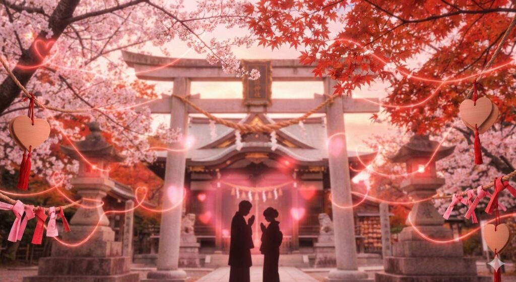 竈門神社の恋愛成就を象徴する赤い糸と桜、紅葉に囲まれたロマンティックな境内の風景