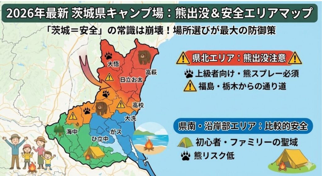 2026年最新版・茨城県のキャンプ場における熊出没危険度マップ。県北の山間部（大子町・常陸太田市等）は熊のアイコンと共に「危険エリア」として赤く警告され、沿岸部や県南（大洗町・神栖市等）はテントのアイコンと共に「比較的安全なエリア」として緑色で示されている図解イラスト。