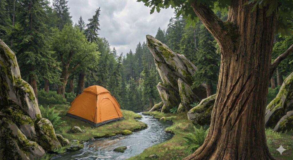 茨城県大子町の山奥にある野営地。テントの近くの木の幹に、熊の爪痕がはっきりと残っている様子