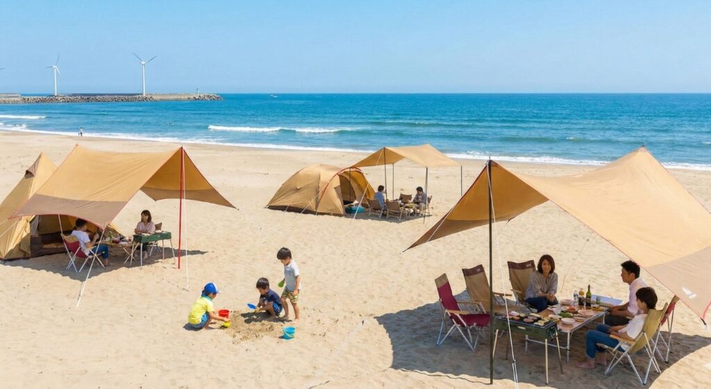 大洗や神栖をイメージした、開放的な海沿いのキャンプ場の風景。明るく平和な雰囲気。