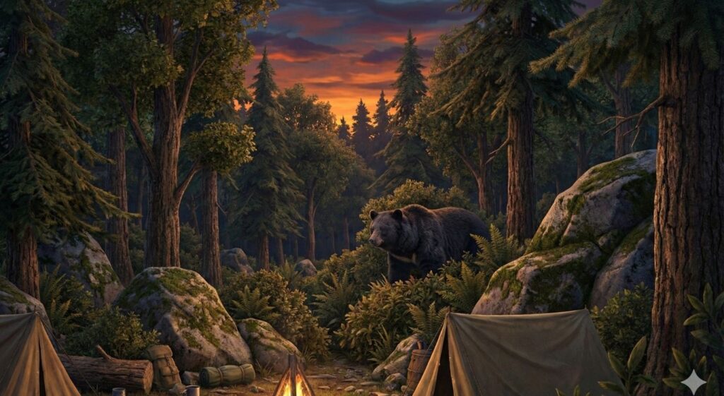 春の茨城県北部の山間部キャンプ場付近。深い森の中からツキノワグマのシルエットがキャンプ地の方を見ている様子。