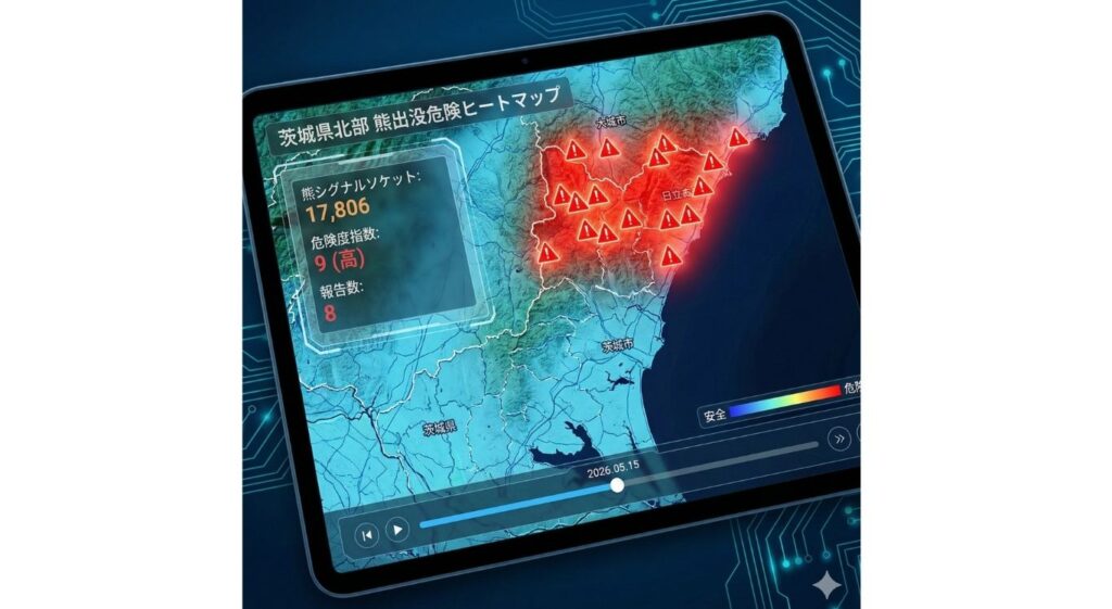 2026年最新の茨城県熊出没マップをイメージした、県北部の危険エリアが赤く示されたデジタルヒートマップ。